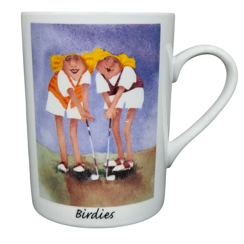 Birdies Golf Erika Oller Mug featuring two animated golfers in vibrant colors