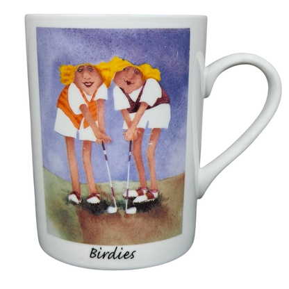 Birdies Golf Erika Oller Mug featuring two animated golfers in vibrant colors