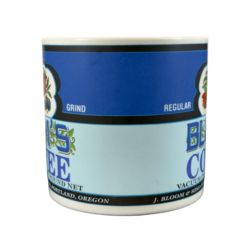 Bloom's Coffee vintage mug in blue color featuring decorative floral design and brand details