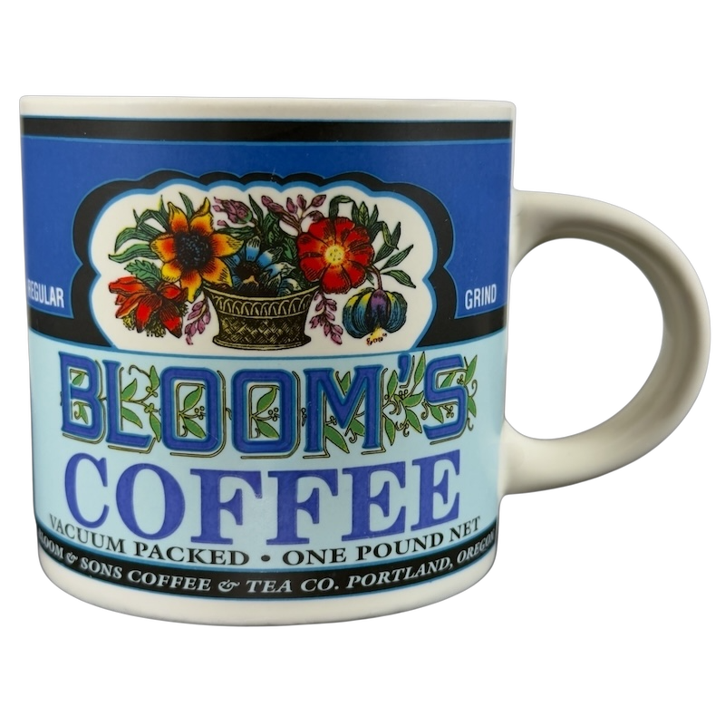 Westwood Bloom's Coffee vintage mug featuring colorful floral design and classic typography