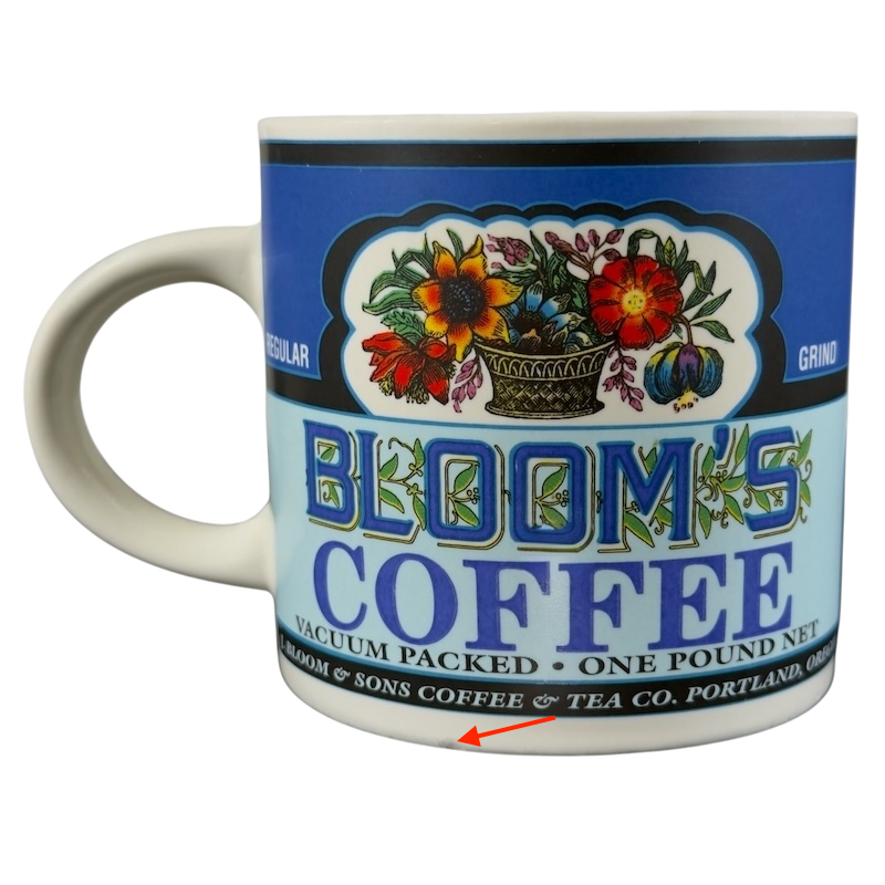 Westwood Bloom's Coffee vintage mug featuring vibrant floral design and retro branding