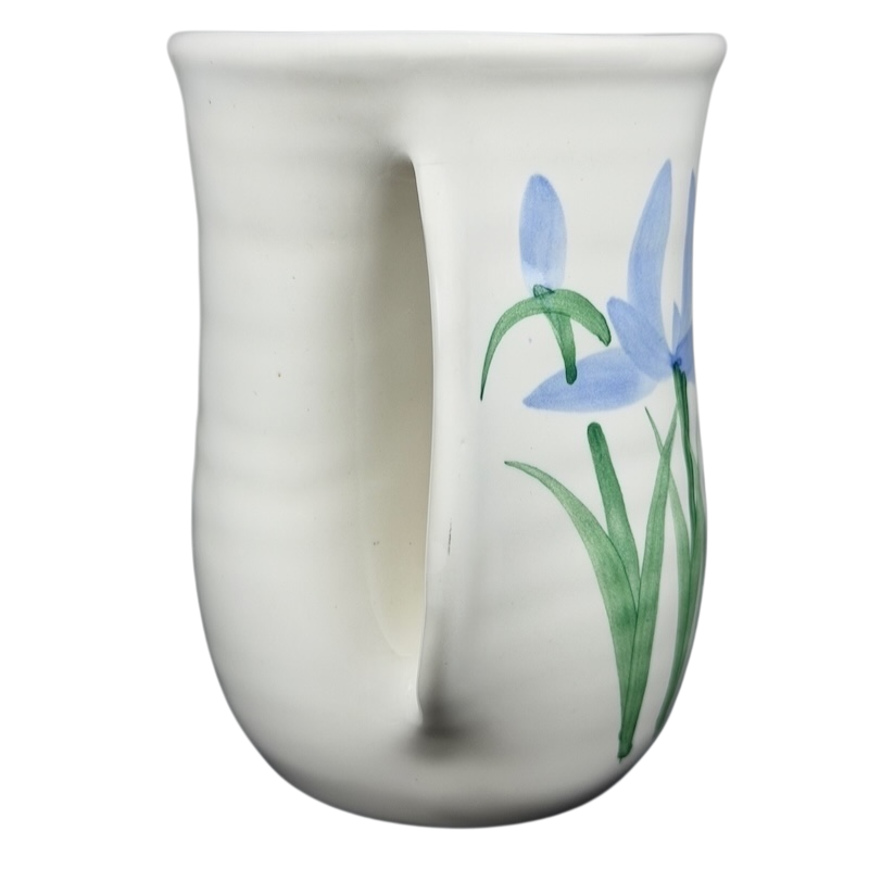 Blue Iris Hand Warmer Neher Mug with a delicate floral design and ergonomic handle