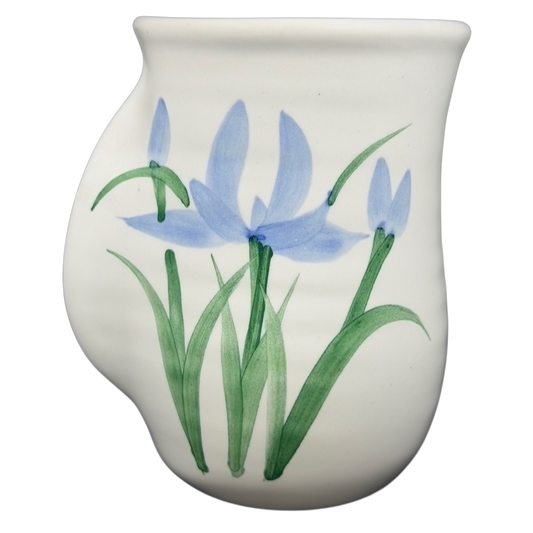 Handcrafted Blue Iris Hand Warmer Neher Mug with delicate blue iris flowers design