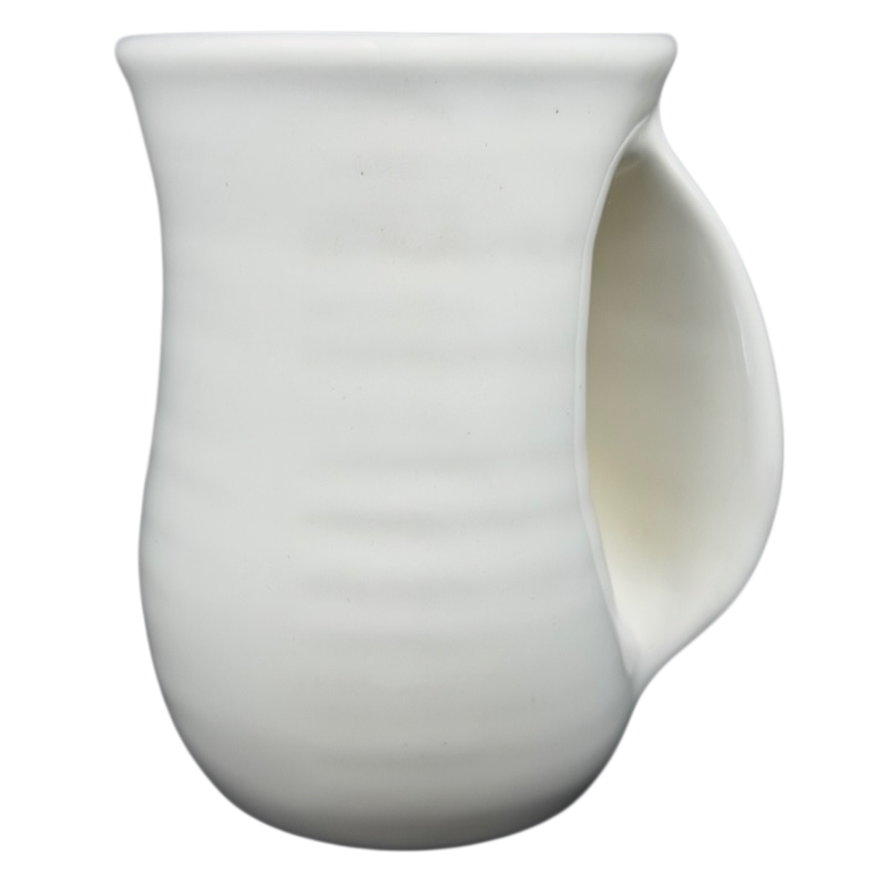 Blue Iris Hand Warmer Neher Mug in white ceramic with a unique curved handle for warmth and comfort