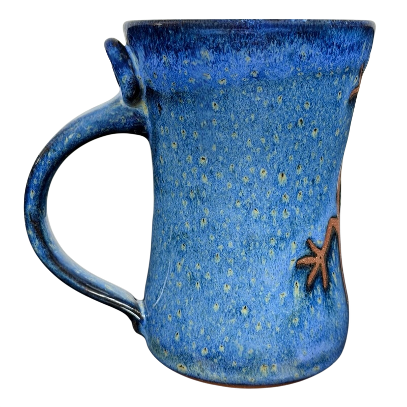 Blue Speckled Gecko Pottery Mug with a textured blue finish and unique gecko design