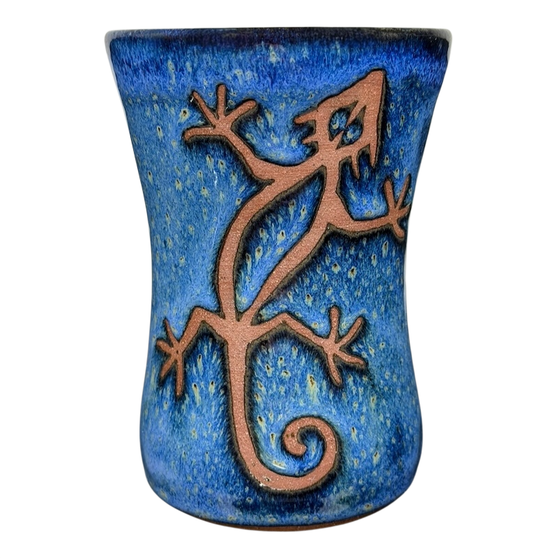 Blue Speckled Gecko Pottery Mug featuring a lizard design on a vibrant blue background