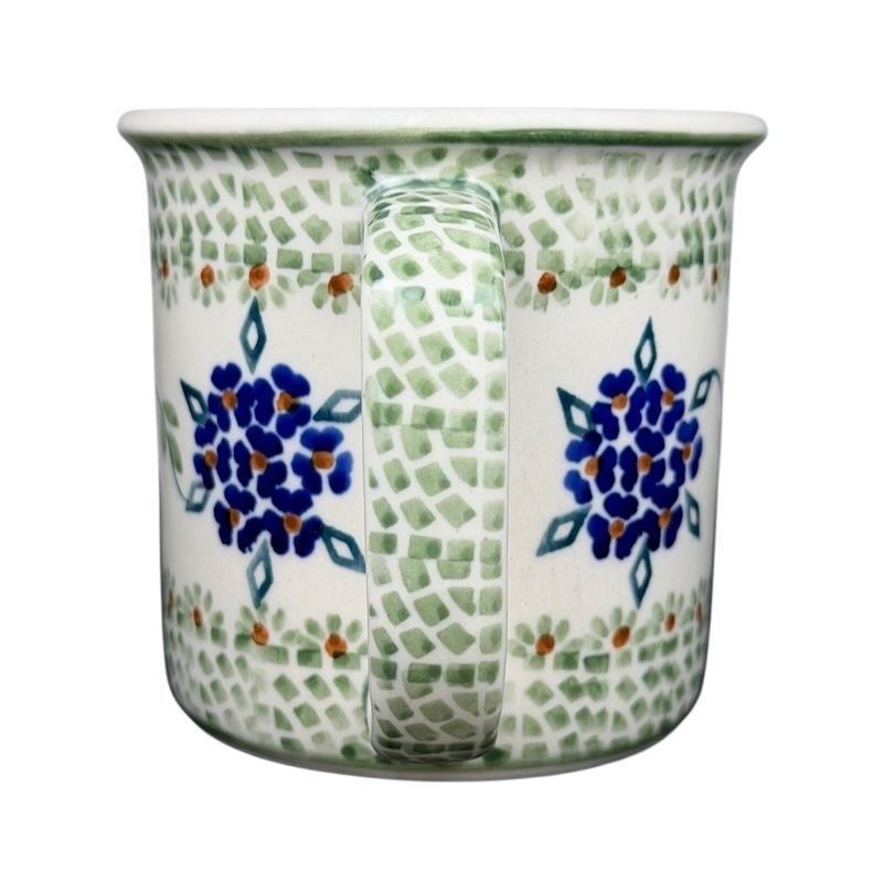 Boleslawiec forget-me-not mug with intricate floral designs and a sturdy handle