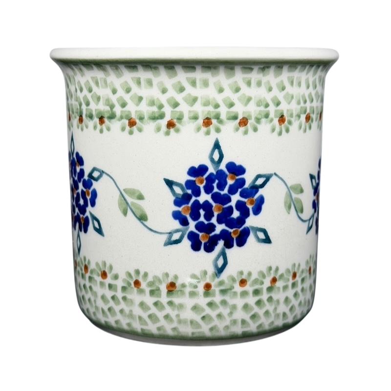 Boleslawiec forget-me-not mug with intricate blue flower design and green accents