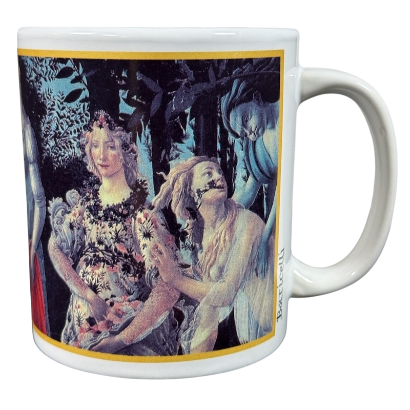 Cafe Arts Botticelli Primavera vintage mug featuring detailed Renaissance artwork print on white ceramic