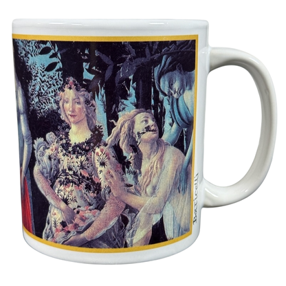 Cafe Arts Botticelli Primavera vintage mug featuring detailed Renaissance artwork print on white ceramic