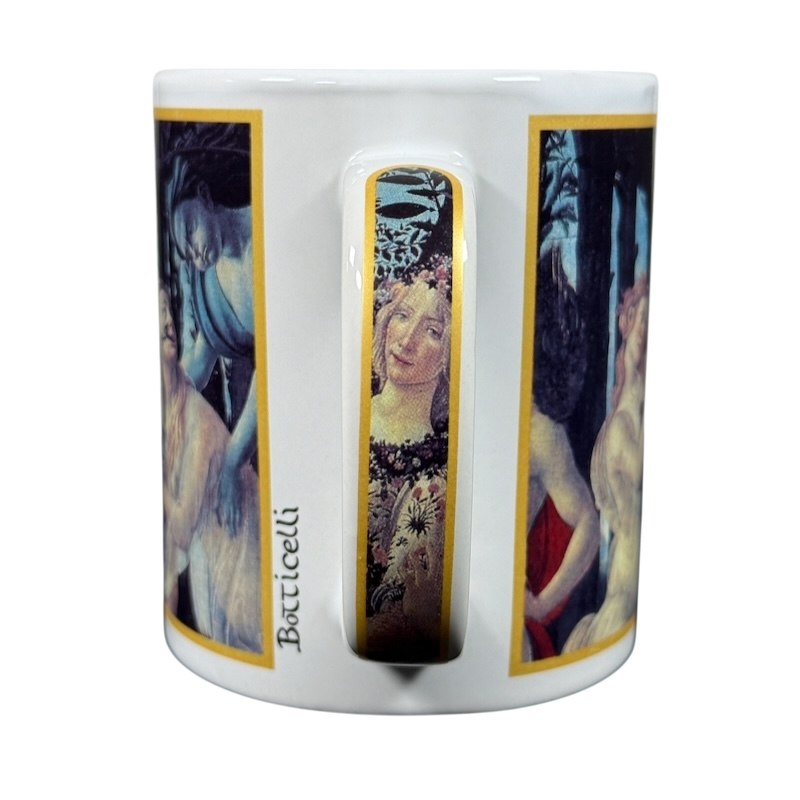 Cafe Arts Botticelli Primavera vintage mug featuring detailed Renaissance artwork with floral and human figures
