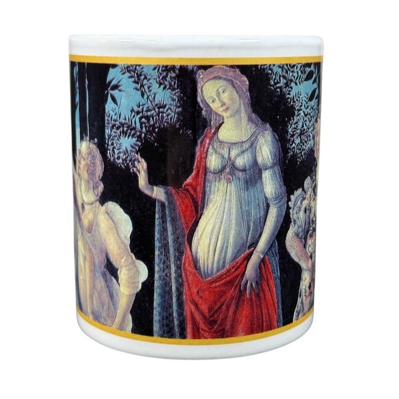 Cafe Arts Botticelli Primavera vintage mug featuring detailed classic artwork with floral background