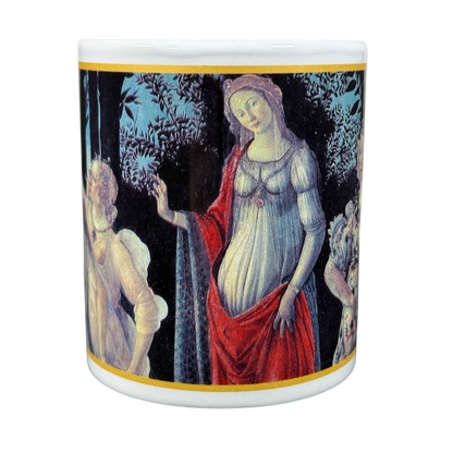 Cafe Arts Botticelli Primavera vintage mug featuring detailed classic artwork with floral background