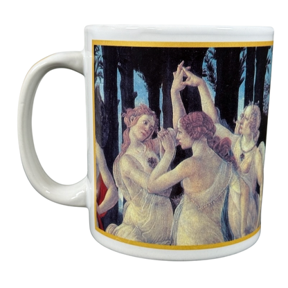 Cafe Arts Botticelli Primavera vintage mug featuring detailed classical painting artwork