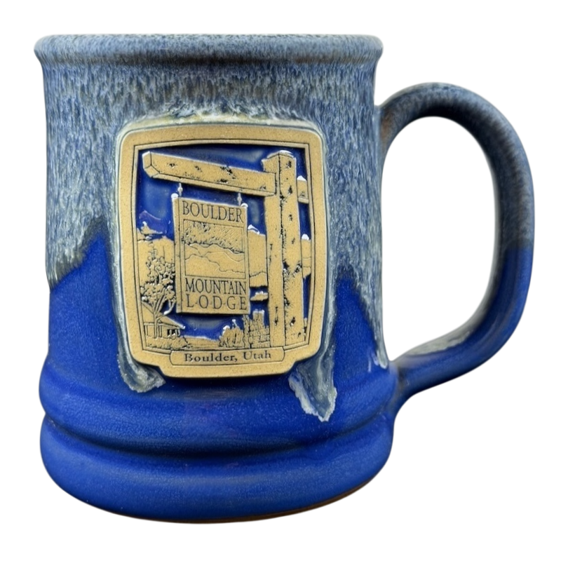 Boulder Mountain Lodge Utah Deneen mug featuring a scenic design and deep blue glaze finish