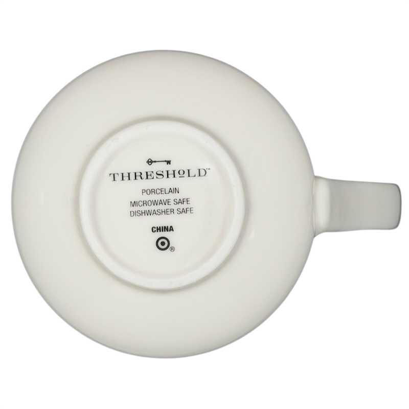 Bottom view of Threshold Bright Eyed Bushy Tailed Squirrel Mug showing porcelain material and care instructions