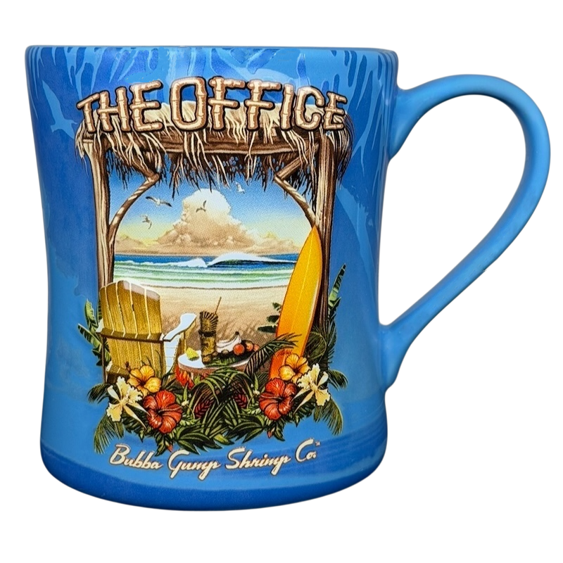 Bubba Gump Shrimp Co The Office mug featuring beach scene with tropical flowers and surfboard