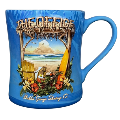 Bubba Gump Shrimp Co The Office mug featuring beach scene with tropical flowers and surfboard