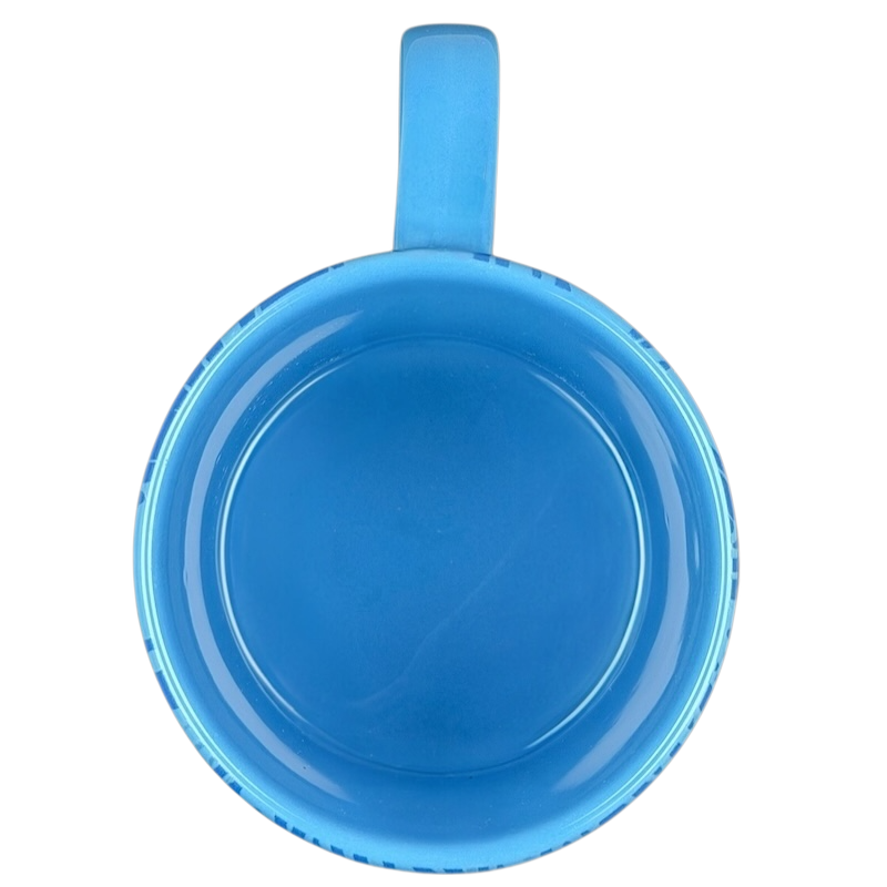Top view of a blue mug featuring the Bubba Gump Shrimp Co The Office mug design