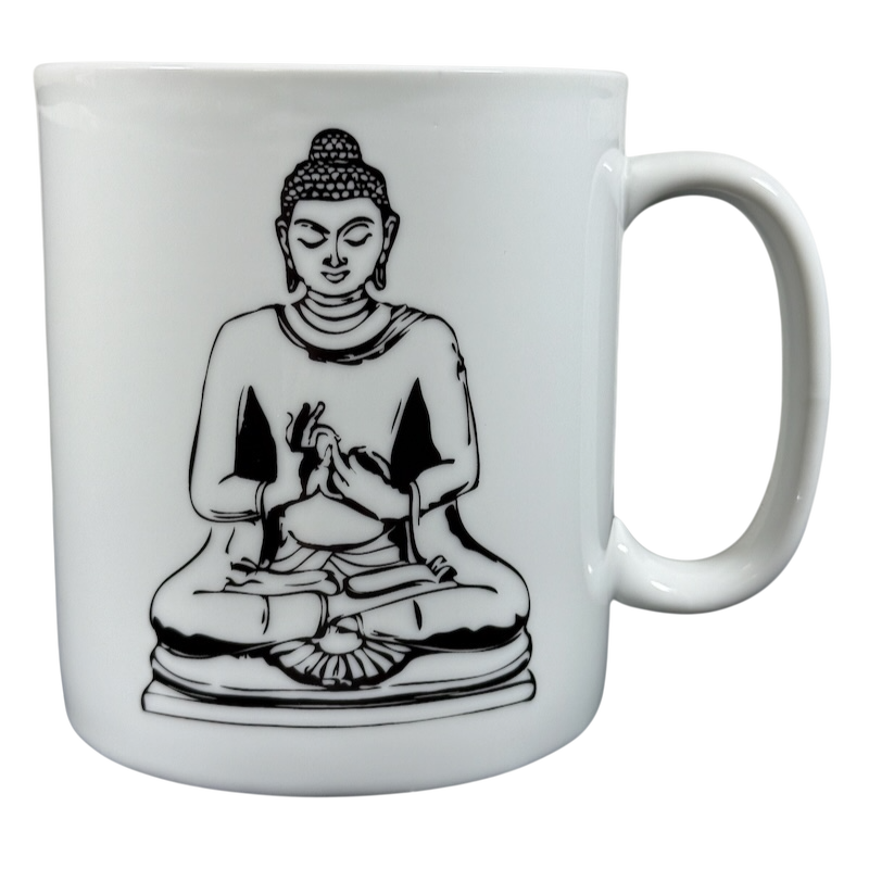 White ceramic Buddha collectible Coventry mug with black Buddha illustration for meditation and mindfulness