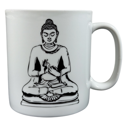 White ceramic Buddha collectible Coventry mug with black Buddha illustration for meditation and mindfulness