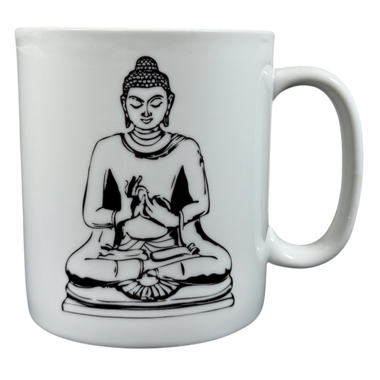 White ceramic Buddha collectible Coventry mug with black Buddha illustration for meditation and mindfulness