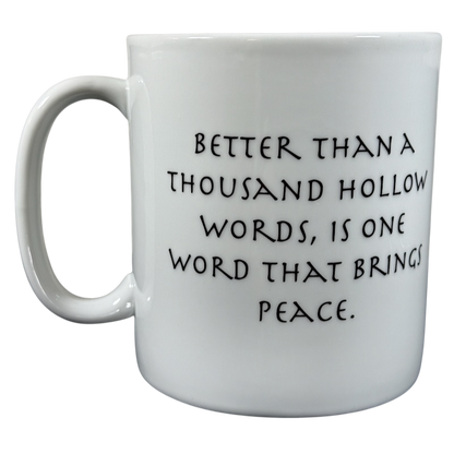 White Buddha collectible Coventry mug with inspirational peace quote in black text