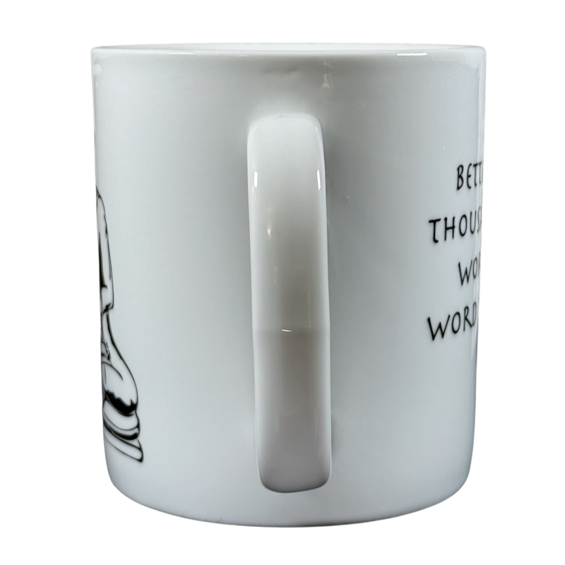 White ceramic Buddha collectible Coventry mug with black Buddha illustration and inspirational text