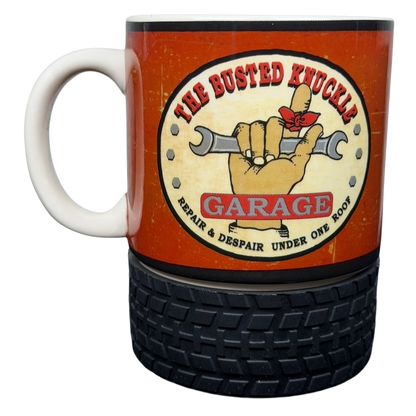 Busted Knuckle Garage Logo Tire Base Mug with a vintage design and textured tire bottom