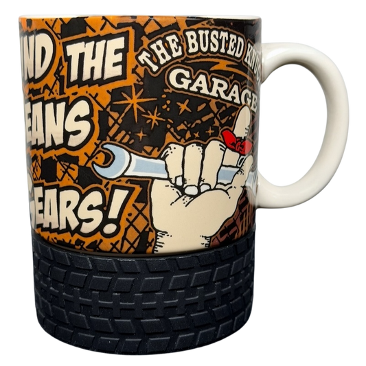 Busted Knuckle Garage Tire Base Mug featuring a tire design and a vintage mechanic graphic
