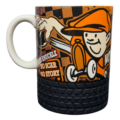 Busted Knuckle Garage Tire Base Mug featuring cartoon design and textured tire base for car enthusiasts
