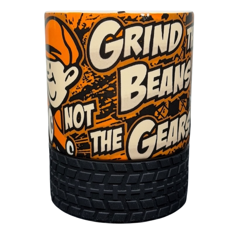 Busted Knuckle Garage Tire Base Mug featuring a fun design with a coffee theme and tire detail
