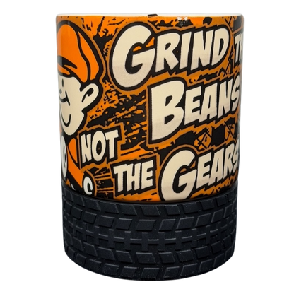 Busted Knuckle Garage Tire Base Mug featuring a fun design with a coffee theme and tire detail