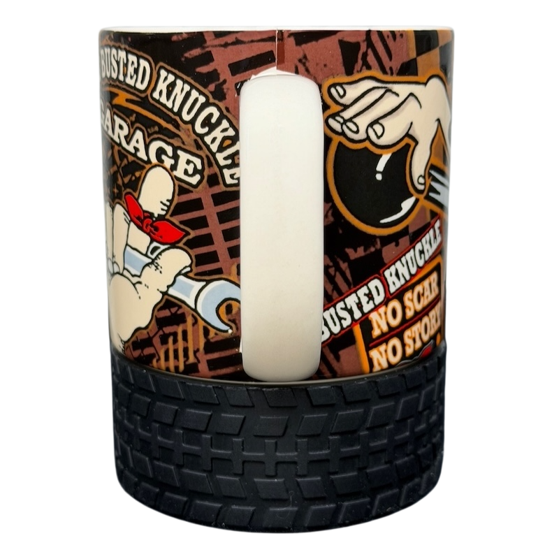 Busted Knuckle Garage Tire Base Mug with bold graphics and a unique tire design for automotive enthusiasts