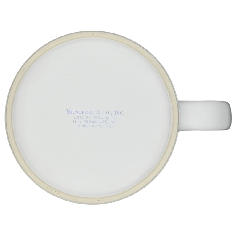 Bottom view of a Cafe Du Monde New Orleans French Quarter Mug by Youngberg & Co with branding details