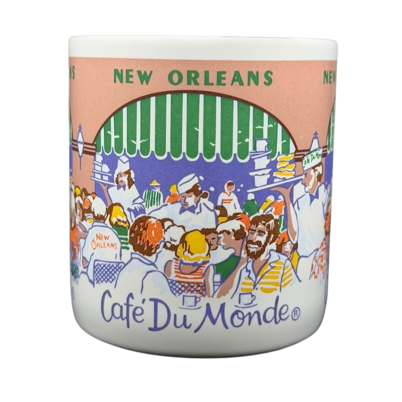 Cafe Du Monde New Orleans French Quarter Mug featuring colorful artwork of the famous café scene