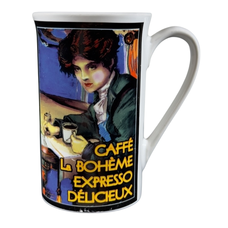 Caffe La Boheme collectible mug featuring vintage artwork and vibrant colors perfect for coffee lovers