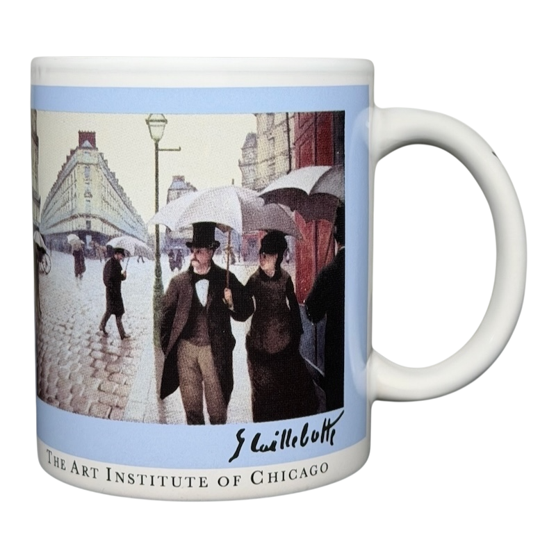 Caillebotte Paris Street Rainy Day mug featuring iconic artwork from The Art Institute of Chicago