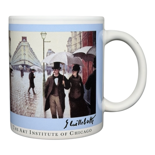 Caillebotte Paris Street Rainy Day mug featuring iconic artwork from The Art Institute of Chicago