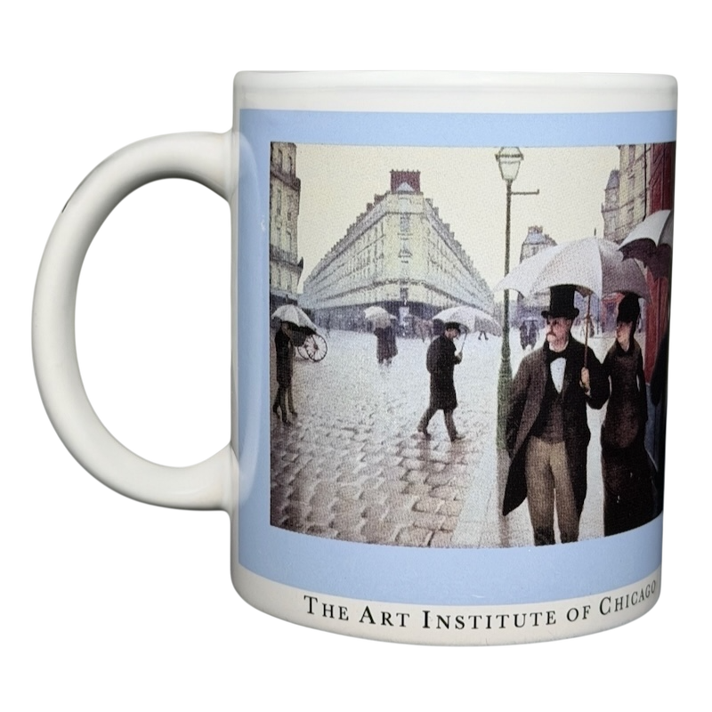 Caillebotte Paris Street Rainy Day mug featuring a famous art scene in vibrant colors