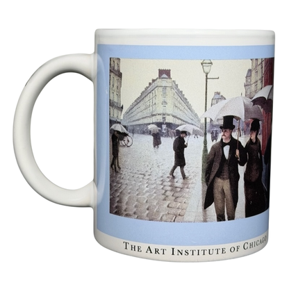 Caillebotte Paris Street Rainy Day mug featuring a famous art scene in vibrant colors