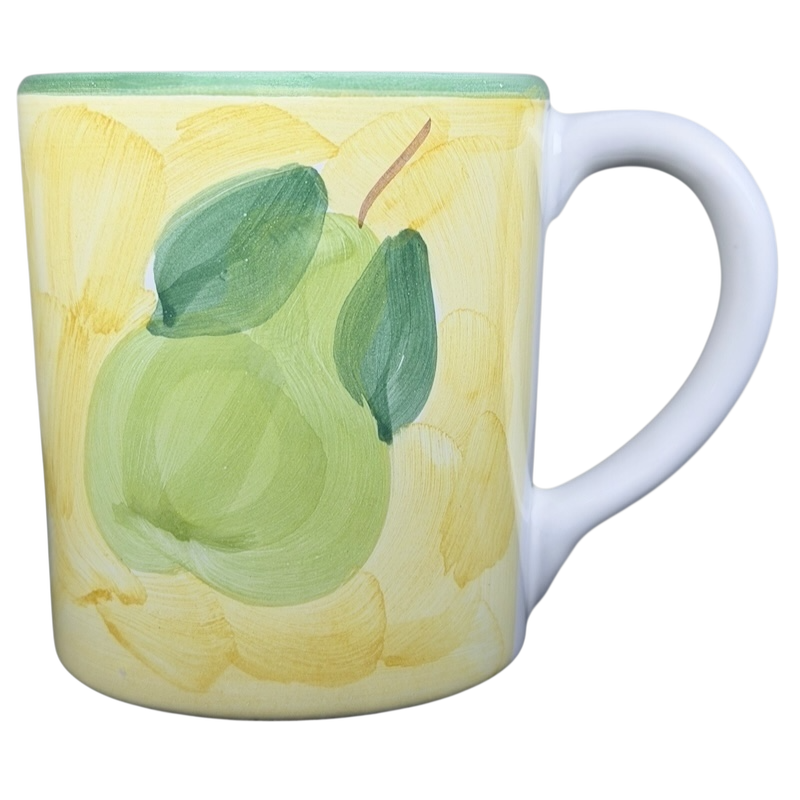 Caleca Frutta Pear and Plums mug featuring vibrant pear artwork on a yellow background