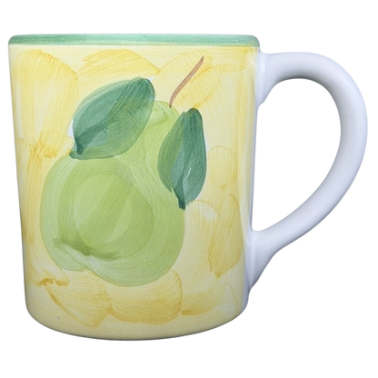 Caleca Frutta Pear and Plums mug featuring vibrant pear artwork on a yellow background