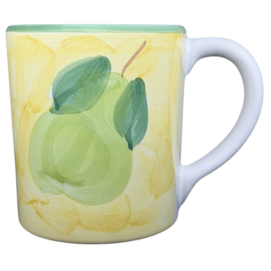 Caleca Frutta Pear and Plums mug featuring vibrant pear artwork on a yellow background