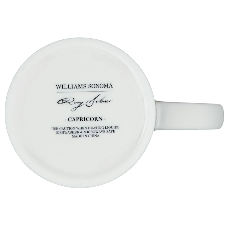 Bottom view of CAPRICORN Rory Dobner Astrology Mug Williams Sonoma showing brand details and care instructions