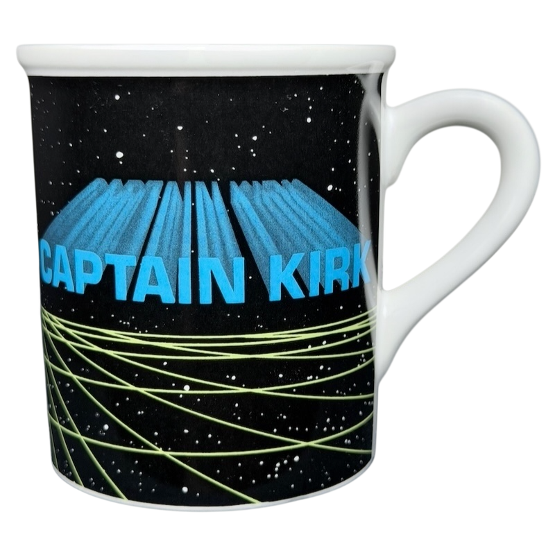 Captain Kirk Star Trek vintage mug featuring space-themed design and bold text