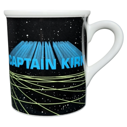 Captain Kirk Star Trek vintage mug featuring space-themed design and bold text