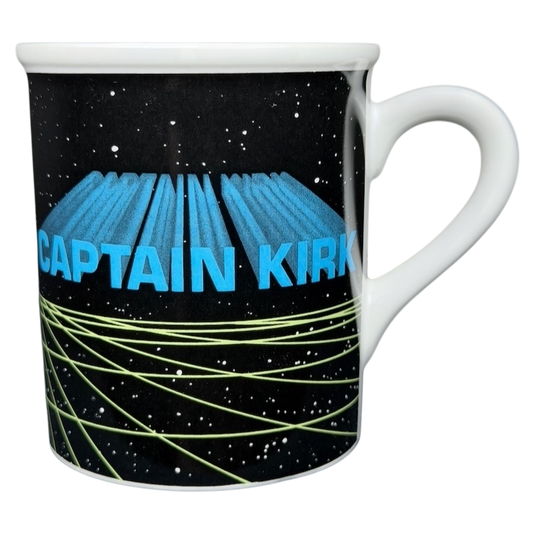 Captain Kirk Star Trek vintage mug featuring space-themed design and bold text