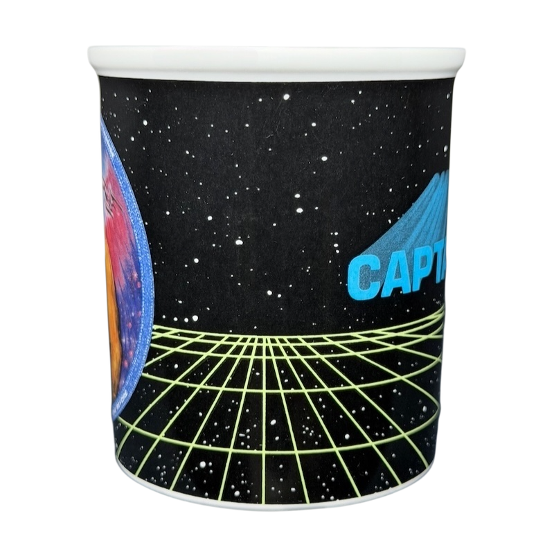 Captain Kirk Star Trek vintage mug featuring vibrant space-themed designs and bold lettering