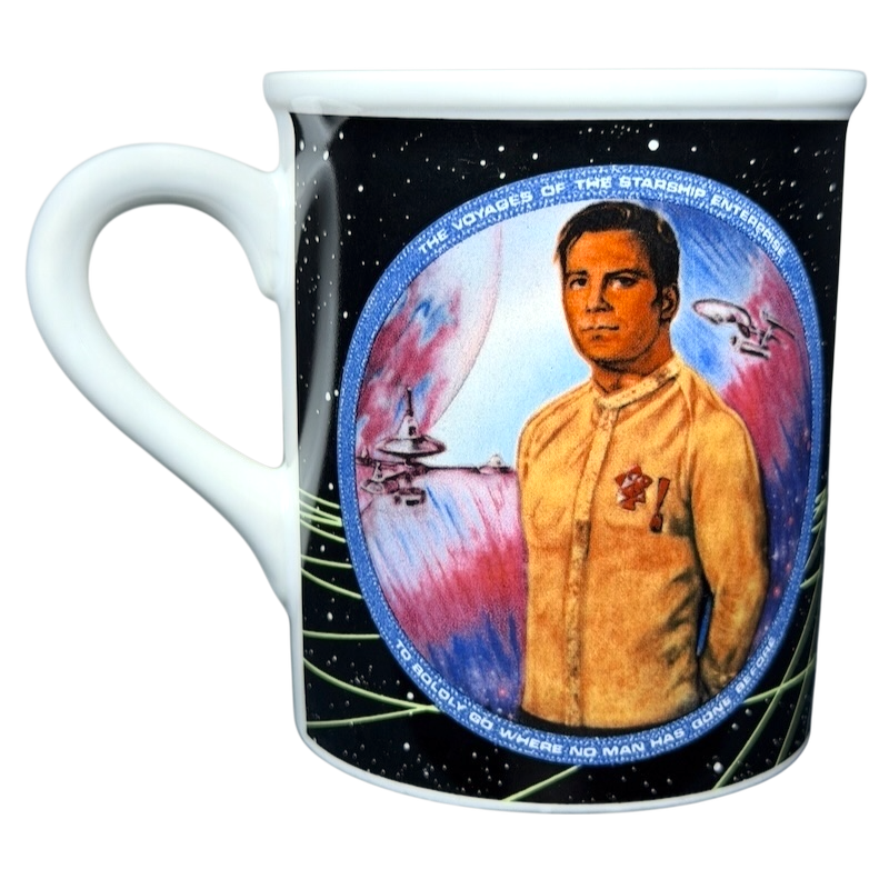 Captain Kirk Star Trek vintage mug featuring a colorful illustration from the iconic series